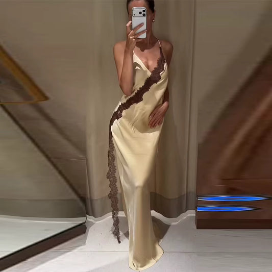 Lace Trim Satin Maxi Dress